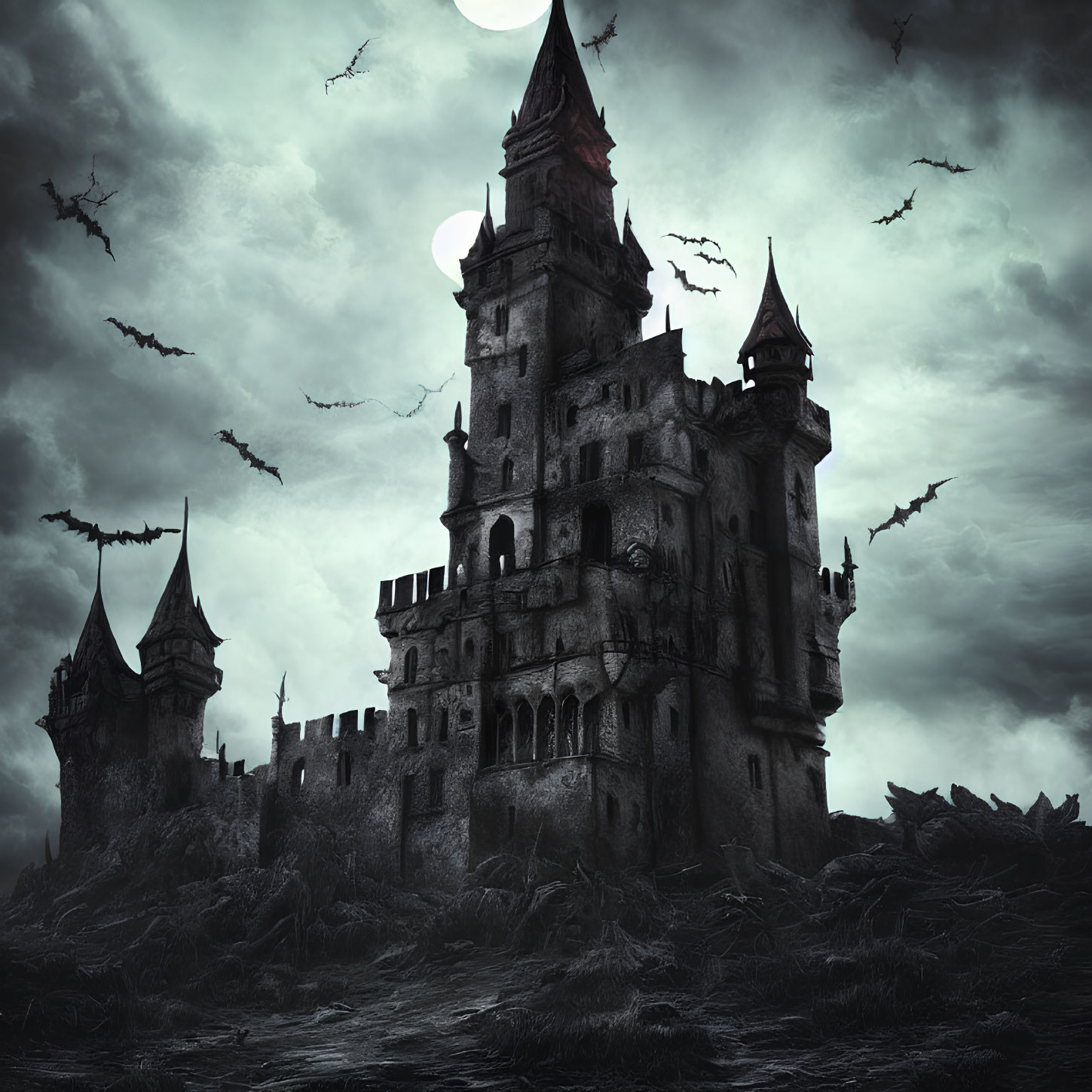 Gothic castle under gloomy sky with full moon and flying bats