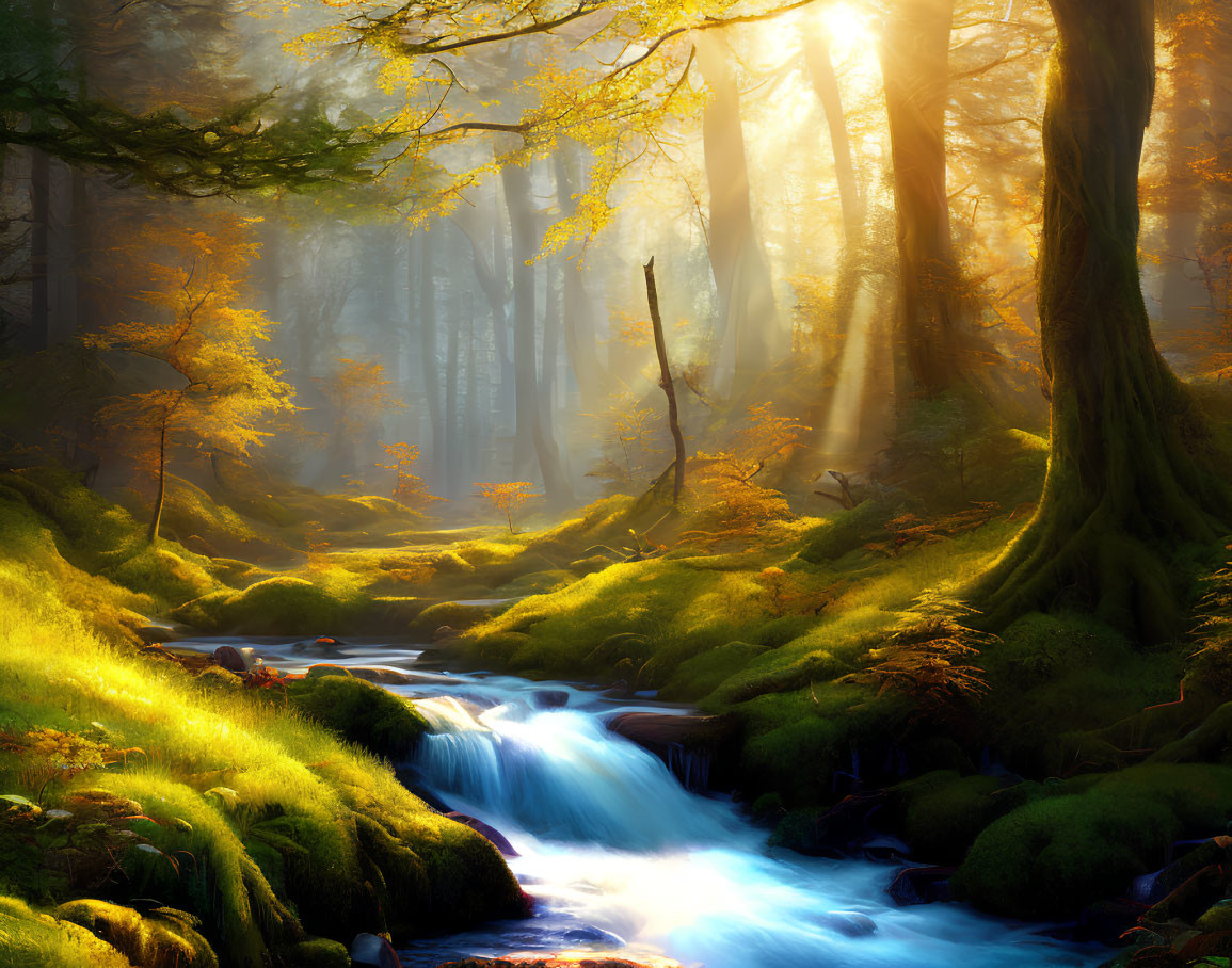 Tranquil forest scene with small waterfall and sunlight filtering through trees