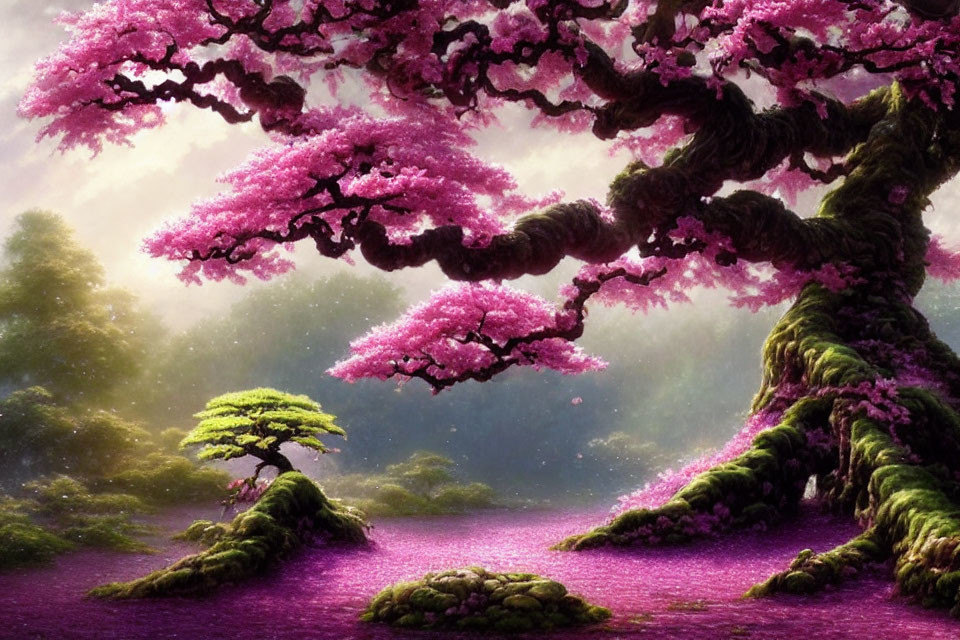 Vibrant pink cherry blossom trees in mystical forest setting
