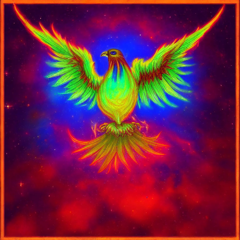 Colorful Phoenix Illustration with Neon Hues and Cosmic Background