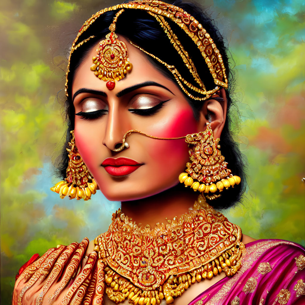 Elaborate Gold Jewelry on Woman in Traditional Indian Attire