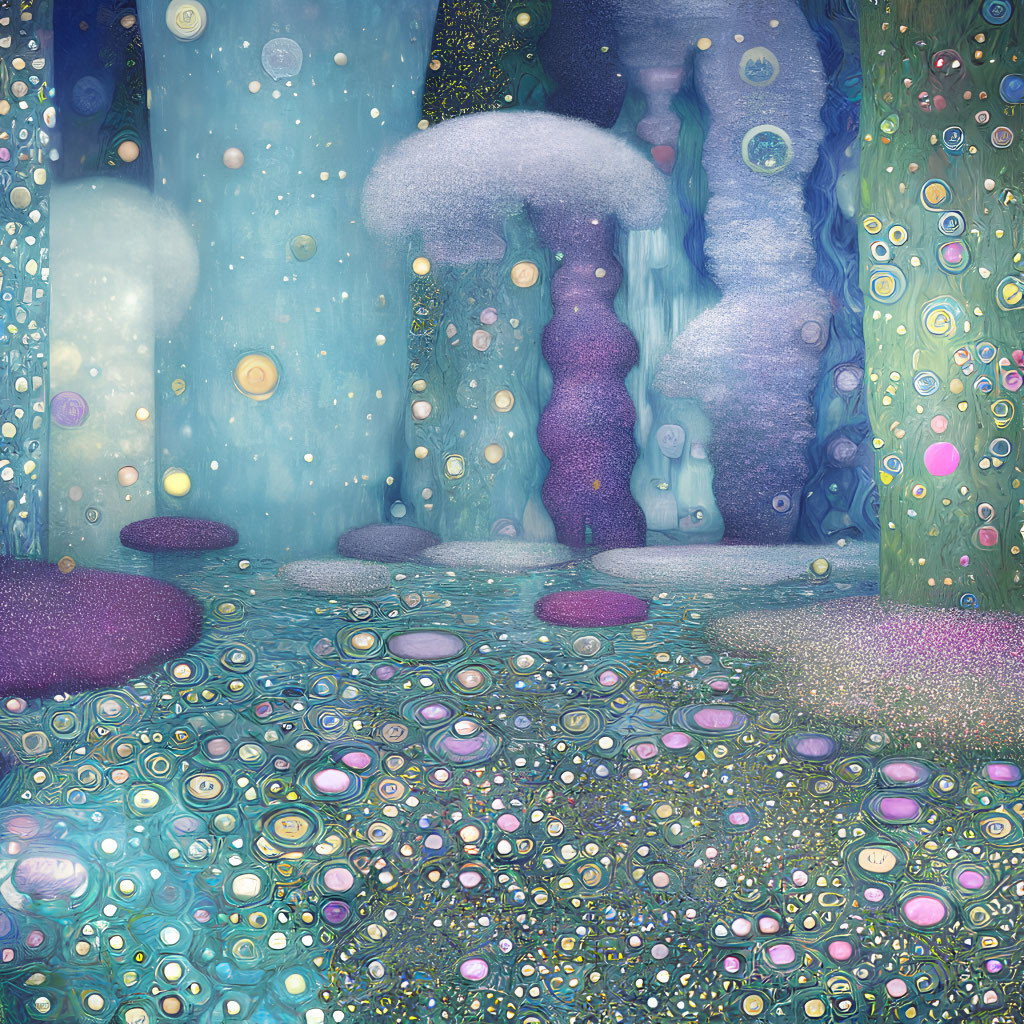 Colorful digital artwork of whimsical landscape with bubble-like patterns, trees, and ethereal glow