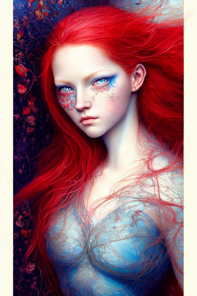 Fantastical Woman Portrait with Red Hair and Blue Floral Patterns