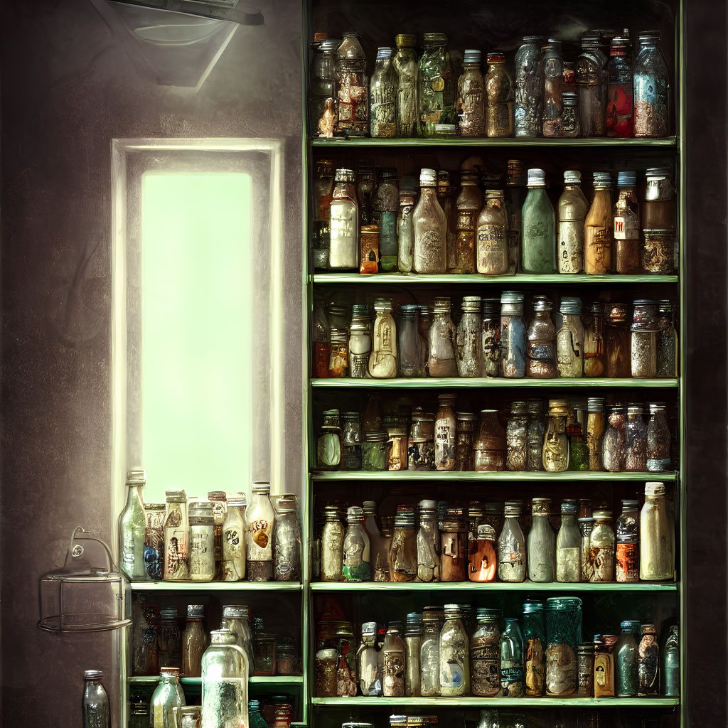 Dimly Lit Room with Dusty Glass Jars and Open Door