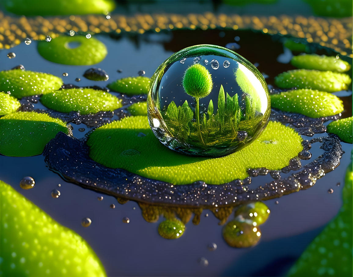 Crystal ball on lily pad reflects green landscape with water droplets