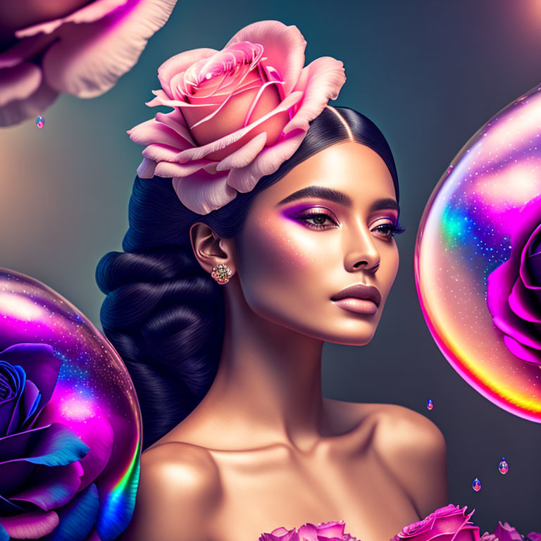 Stylized portrait of woman with radiant skin and roses, surrounded by multicolored orbs