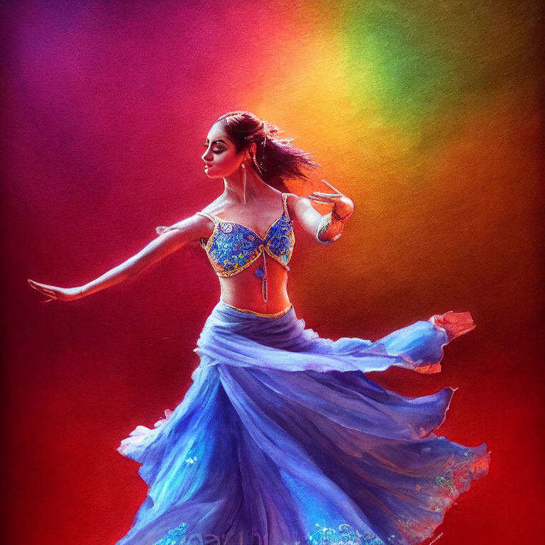 Elegant dancer in blue costume against vibrant backdrop