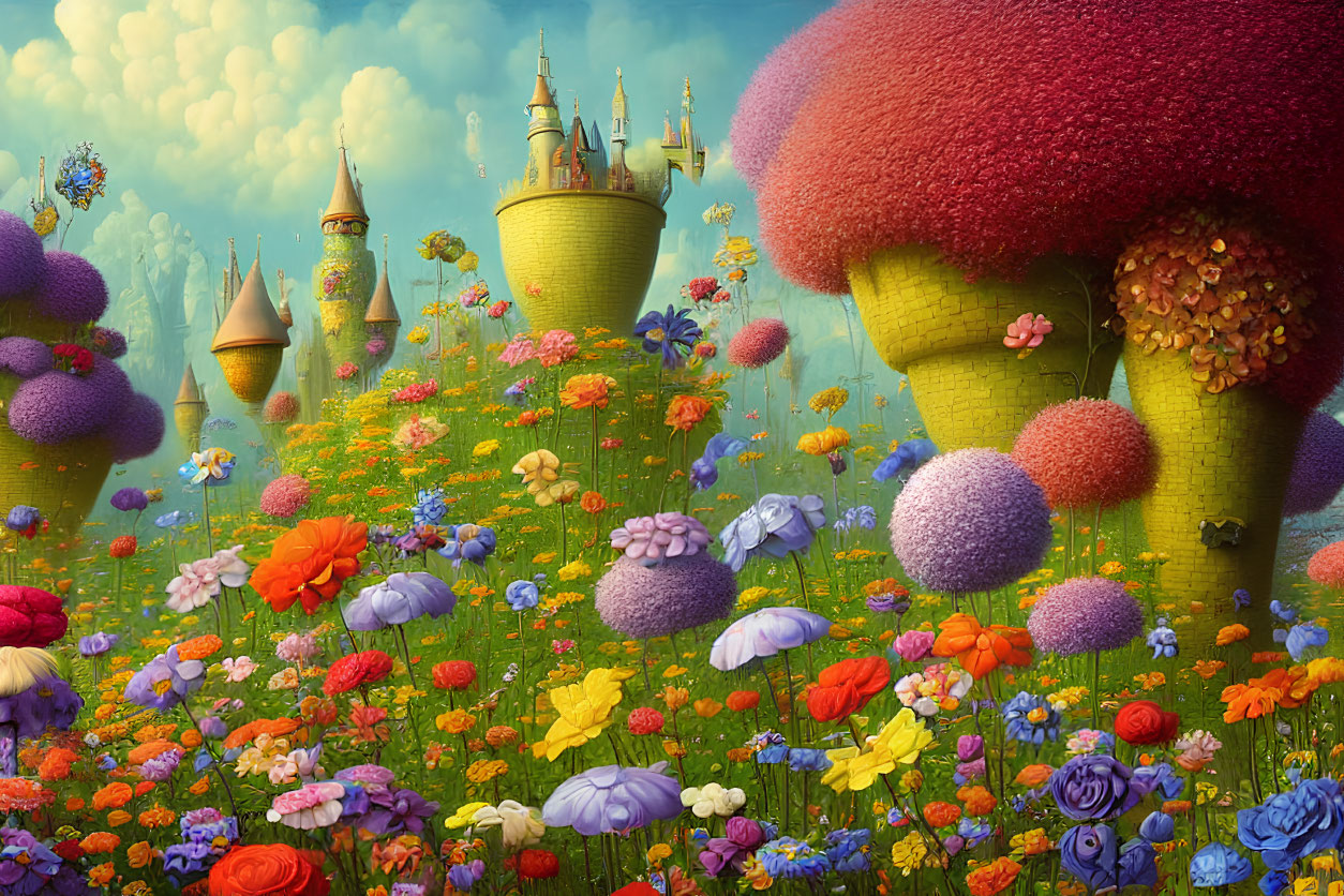 Fantasy landscape with whimsical towers and oversized flowers