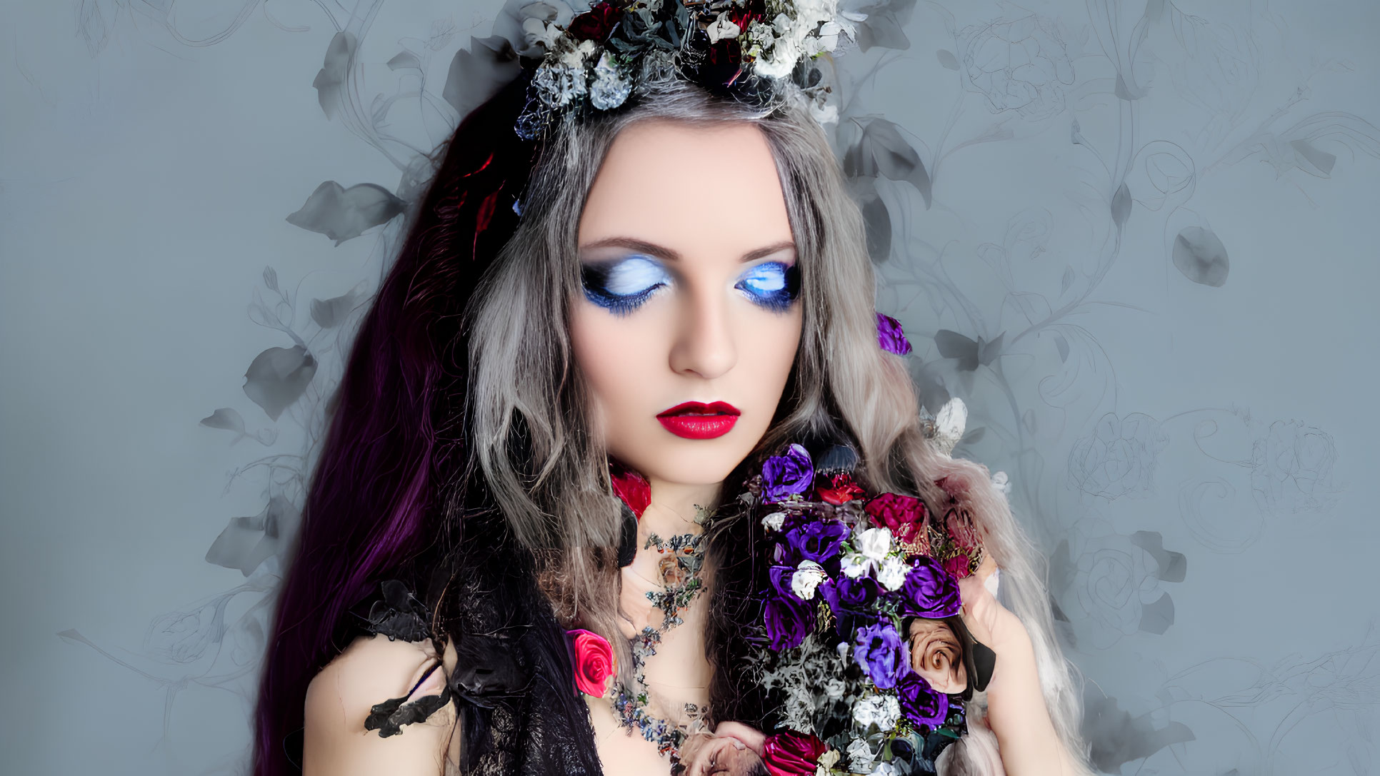 Woman with Blue Eye Makeup and Red Lipstick Holding Dark Roses in Floral Headpiece