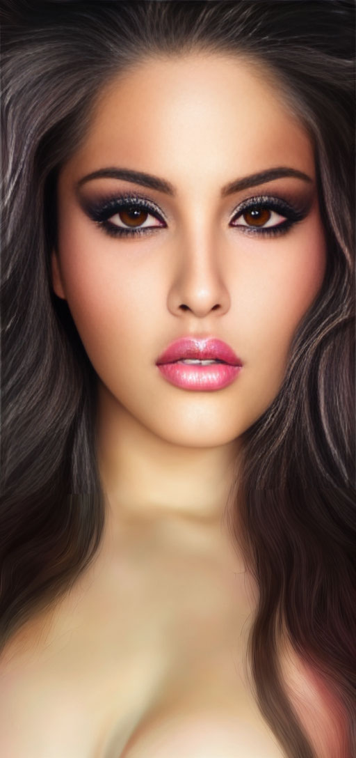 Portrait of a woman with smoky eyes and glossy pink lips