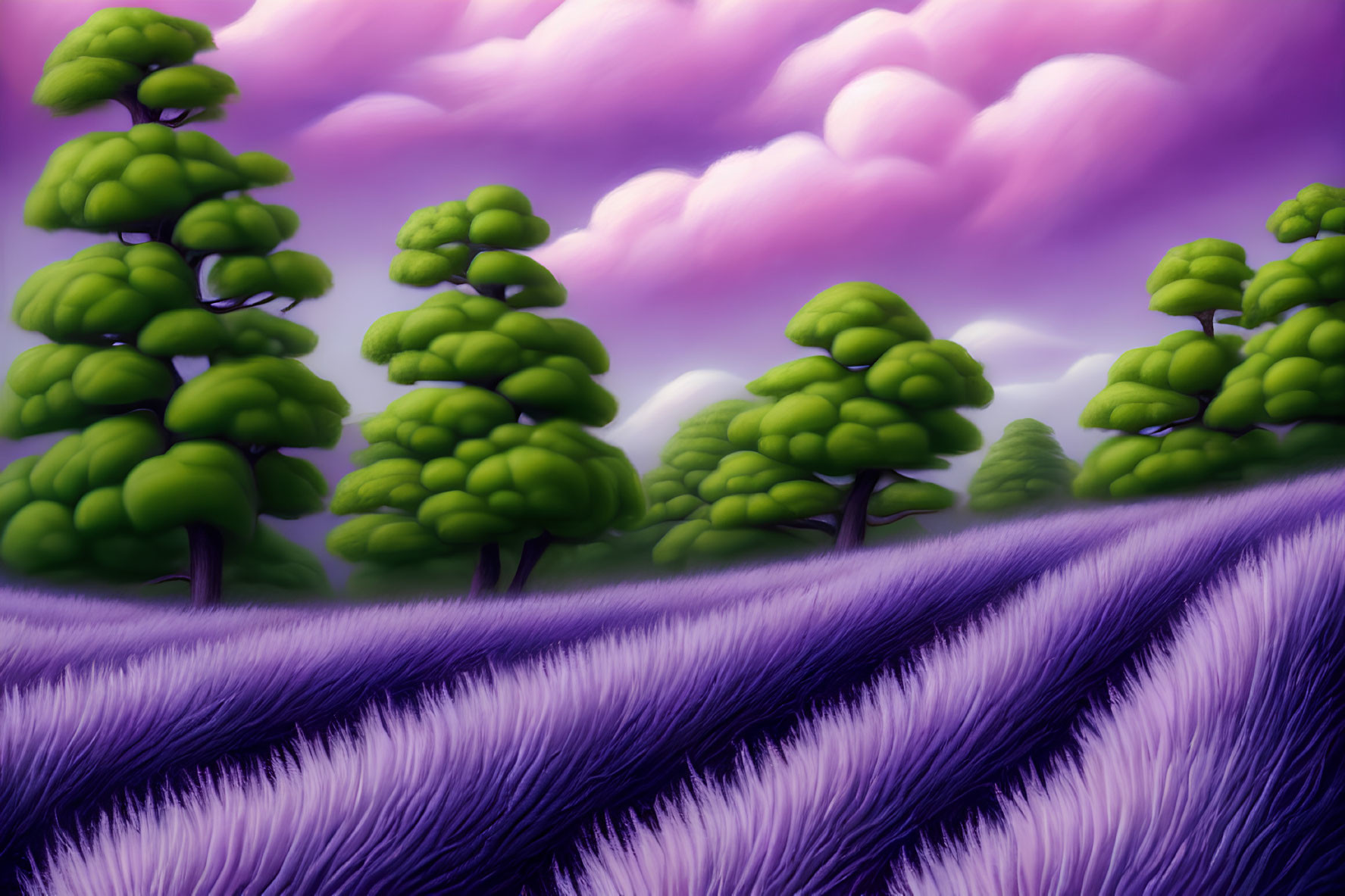 Vibrant fantasy landscape with purple skies, green trees, and purple grass