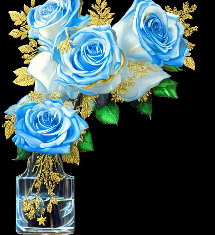 Blue roses with gold leaves in transparent vase on black background