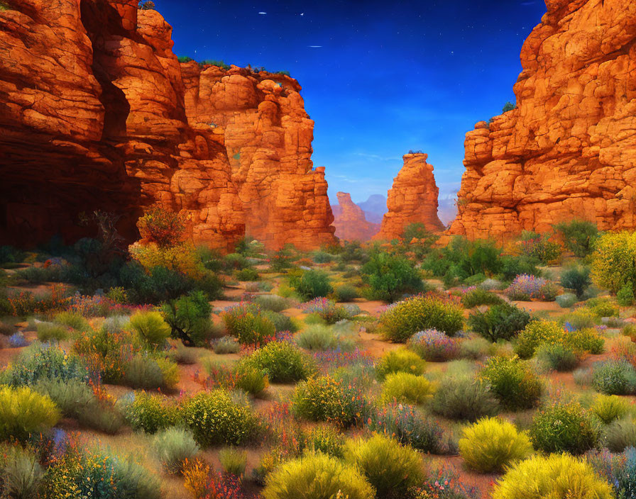 Colorful Desert Landscape with Red Rocks, Twilight Sky, and Wildflowers