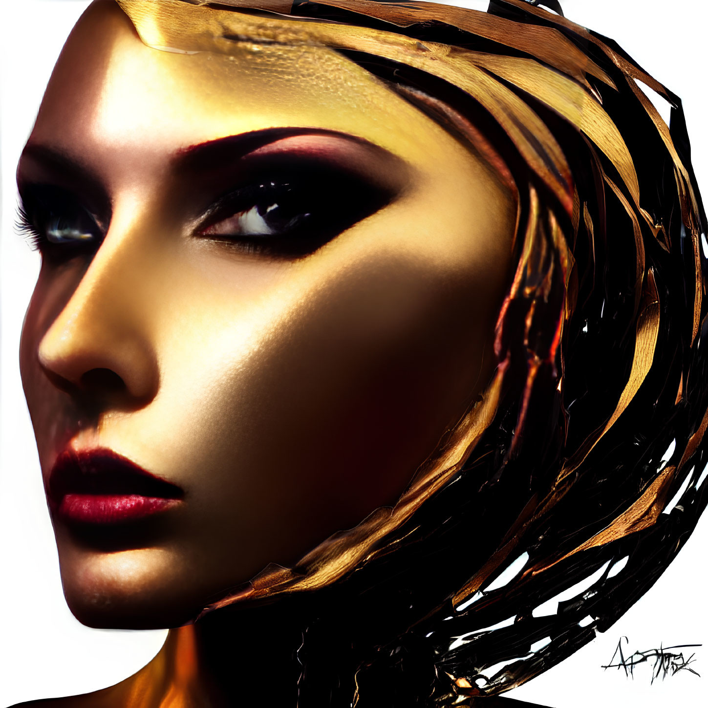 Person with Golden Makeup and Metallic Headdress Portrait