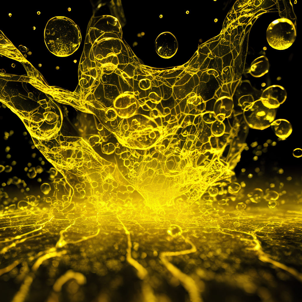 Abstract Glowing Yellow Network with Spheres on Dark Background