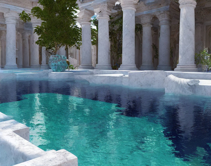 Roman-style Bathhouse with Marble Columns and Turquoise Water
