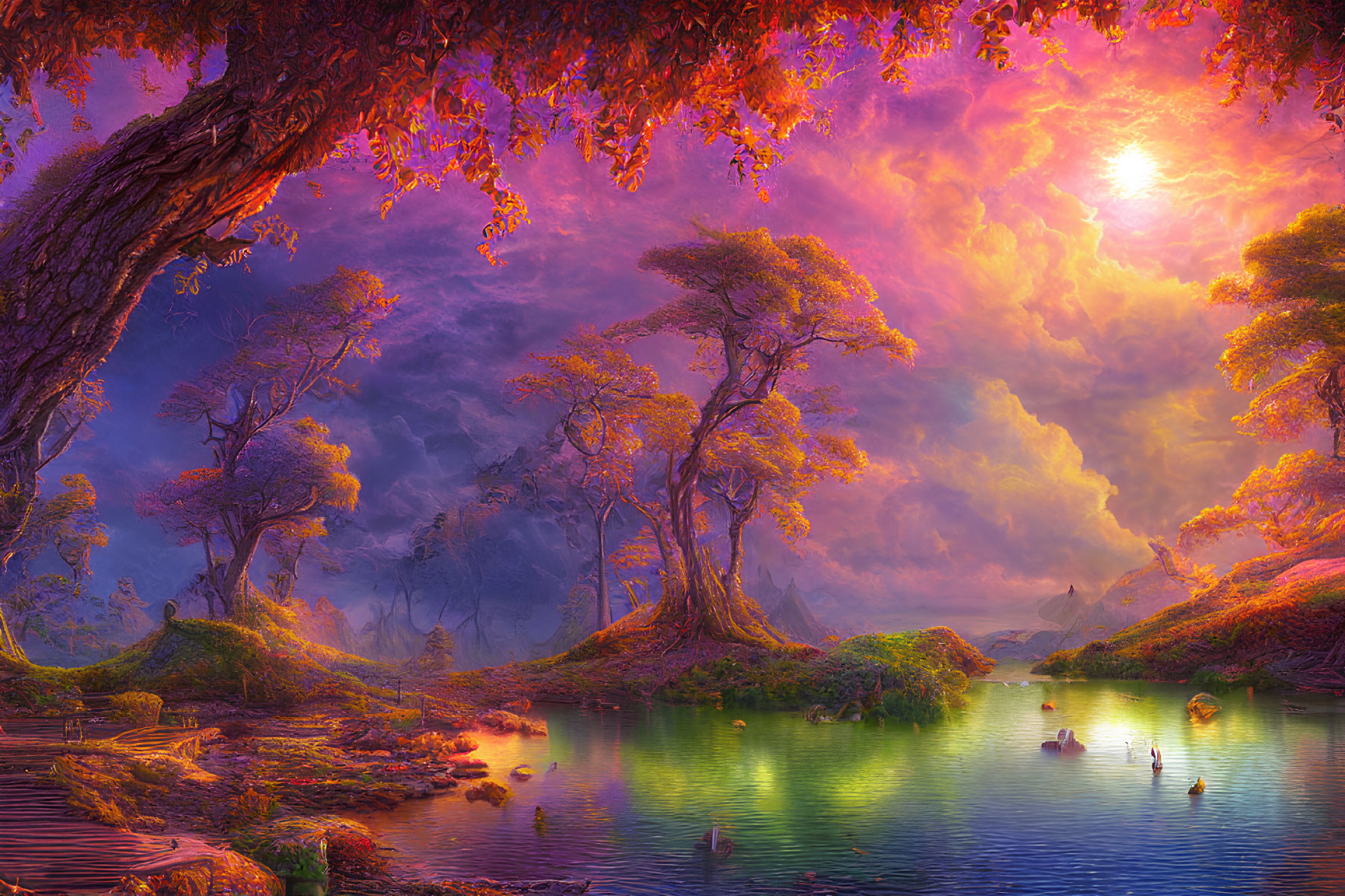 Colorful Fantasy Landscape with Twisted Trees and Serene Pond