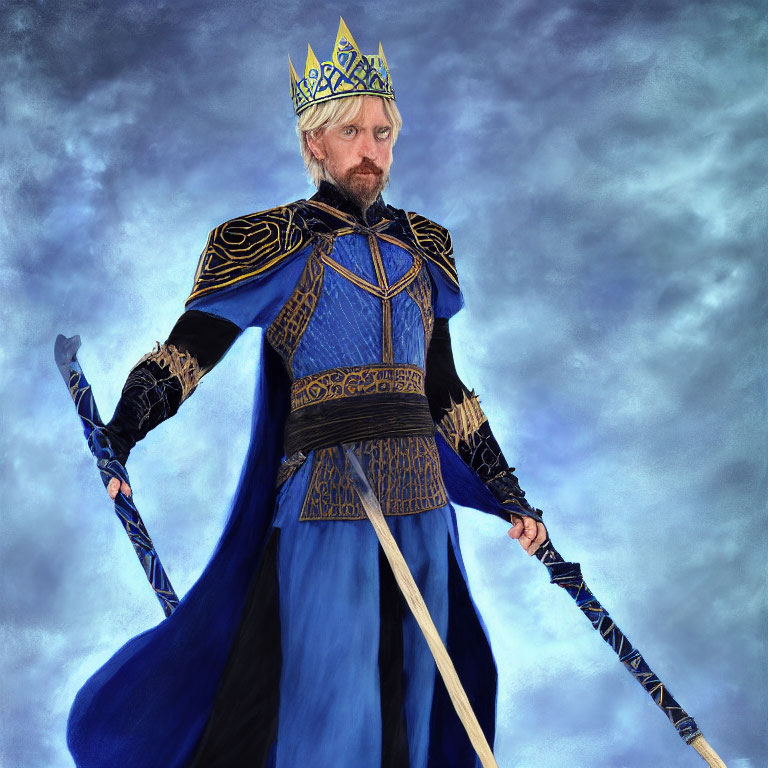 Medieval King in Blue and Gold Outfit with Sword