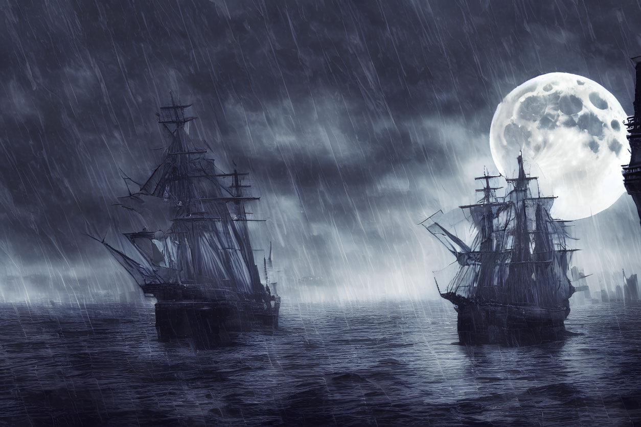 Stormy Night: Two Sailing Ships at Sea in Rain
