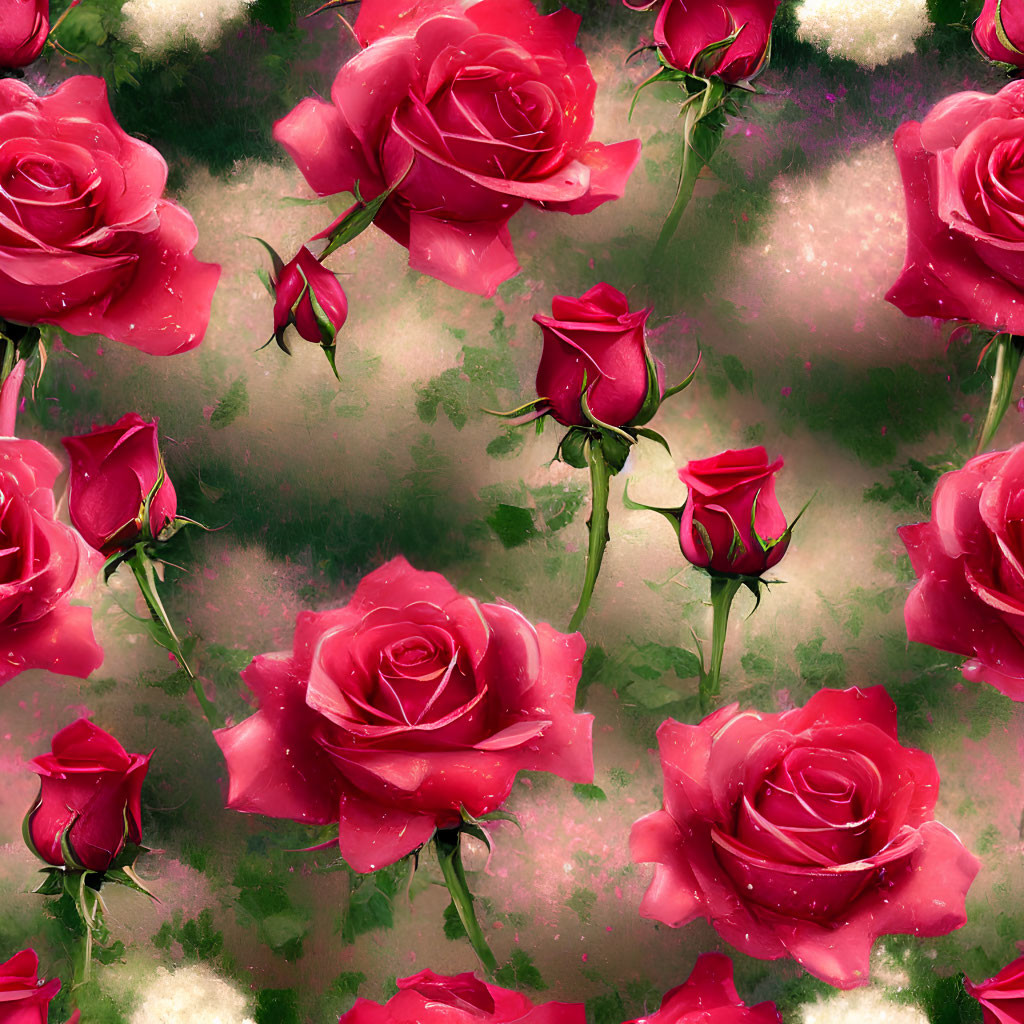 Vibrant red roses with dewdrops on petals on misty green and pink background