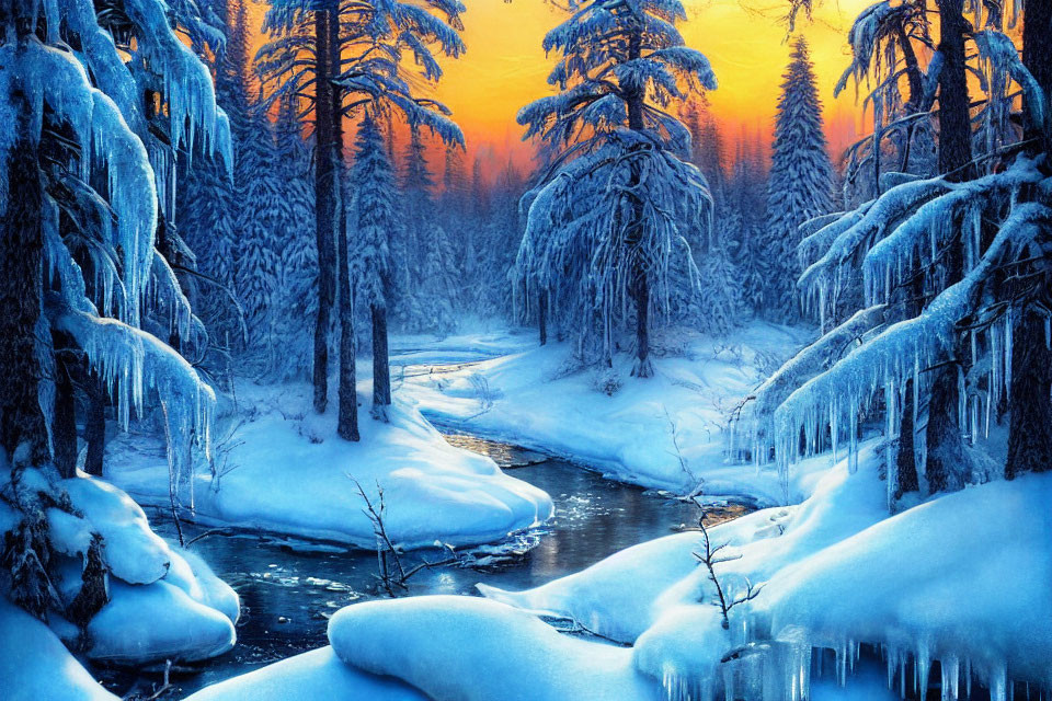 Winter Forest Landscape with Meandering Stream and Twilight Sky