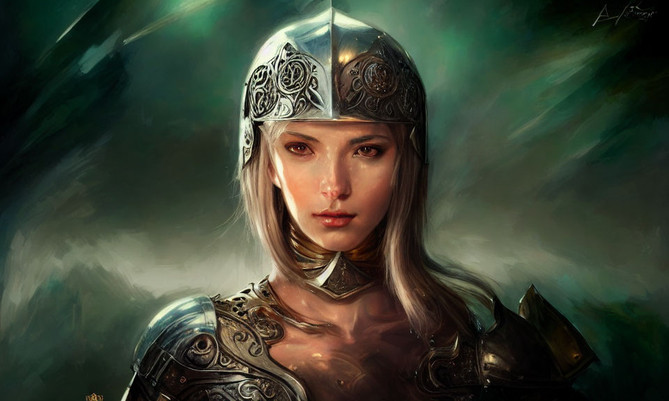 Digital art of female warrior in silver armor and helmet