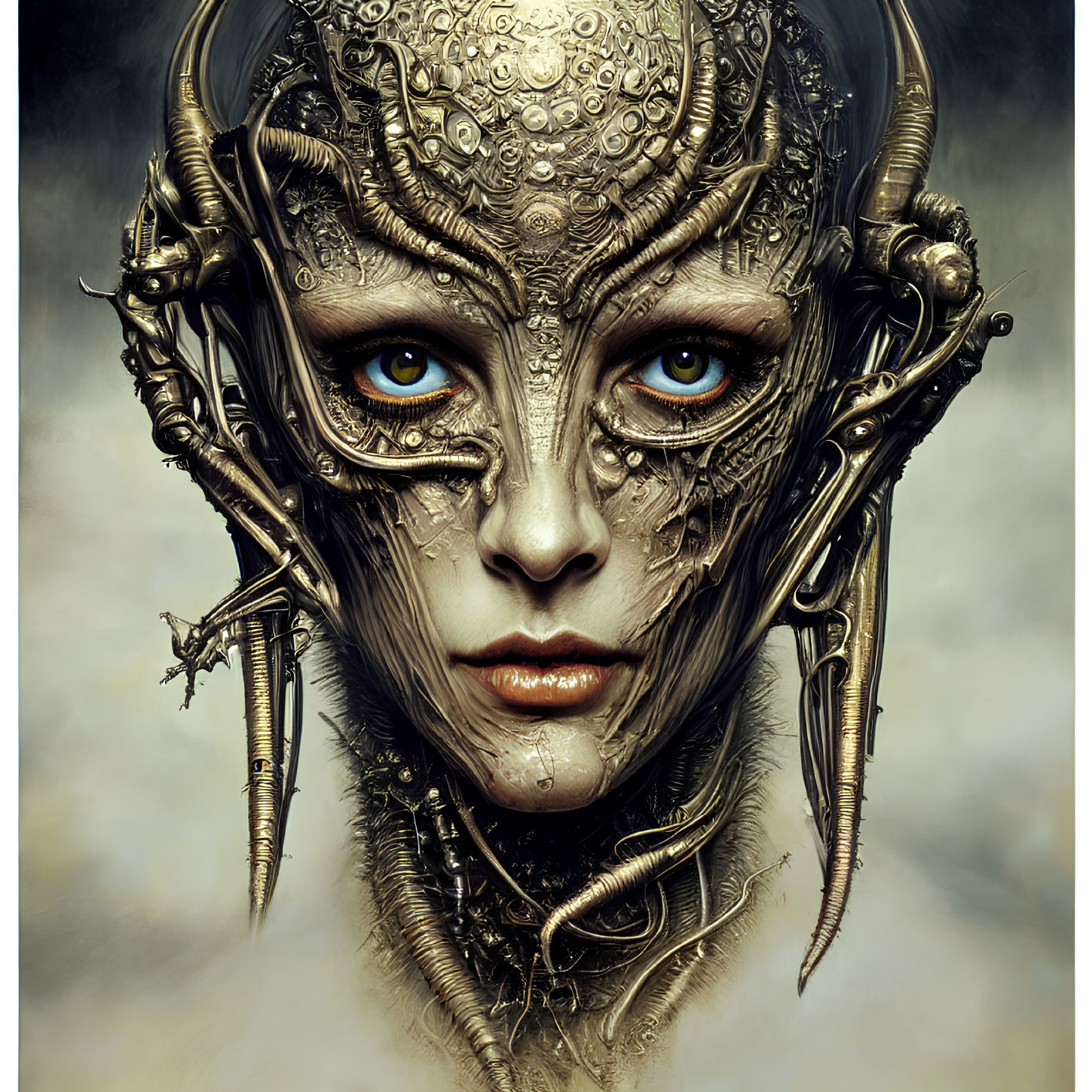 Detailed Digital Artwork: Cyborg Head with Human-like Features