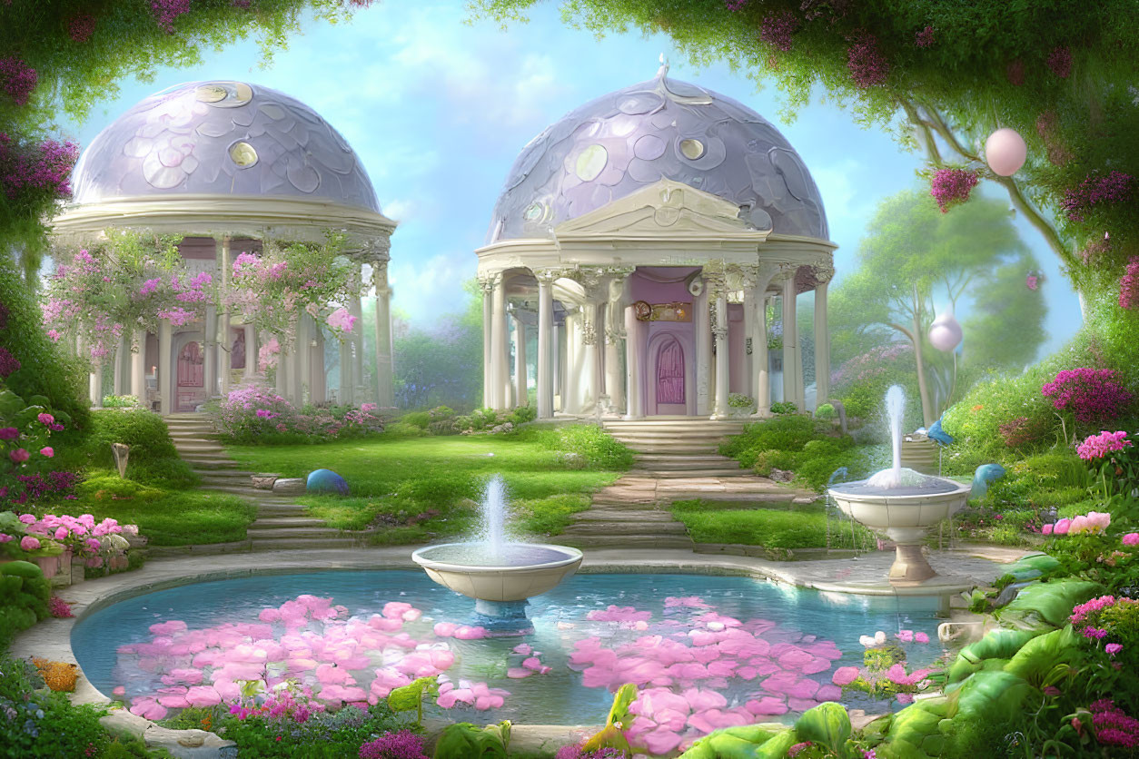 Twin domed pavilions in lush garden with ponds and pink blossoms