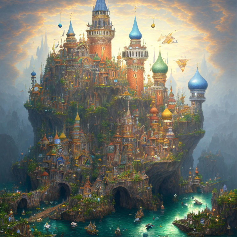 Fantastical city with ornate castles and towers perched on lush cliff-side landscapes surrounded by