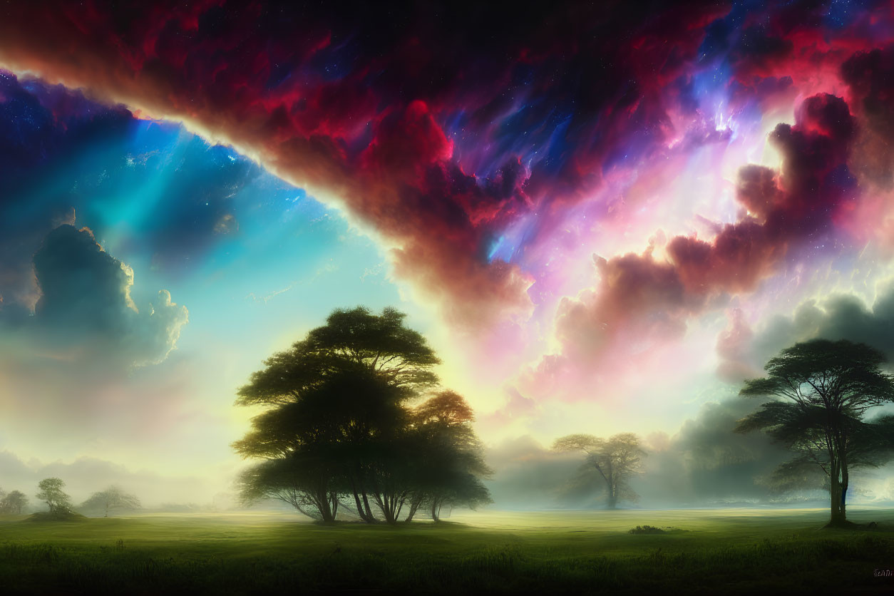 Colorful Landscape with Trees Under Surreal Sky