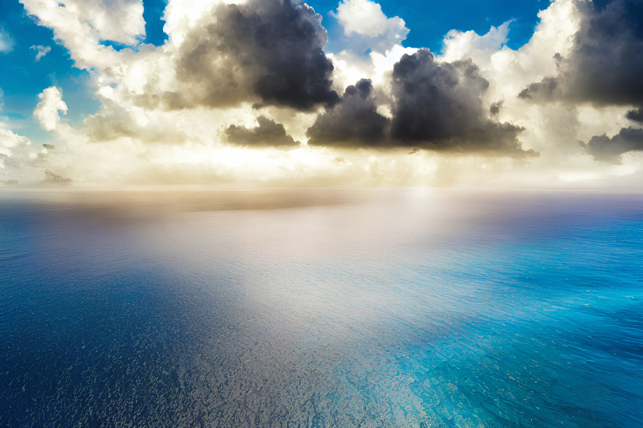 Tranquil ocean scene with dramatic sky and sunrays over water