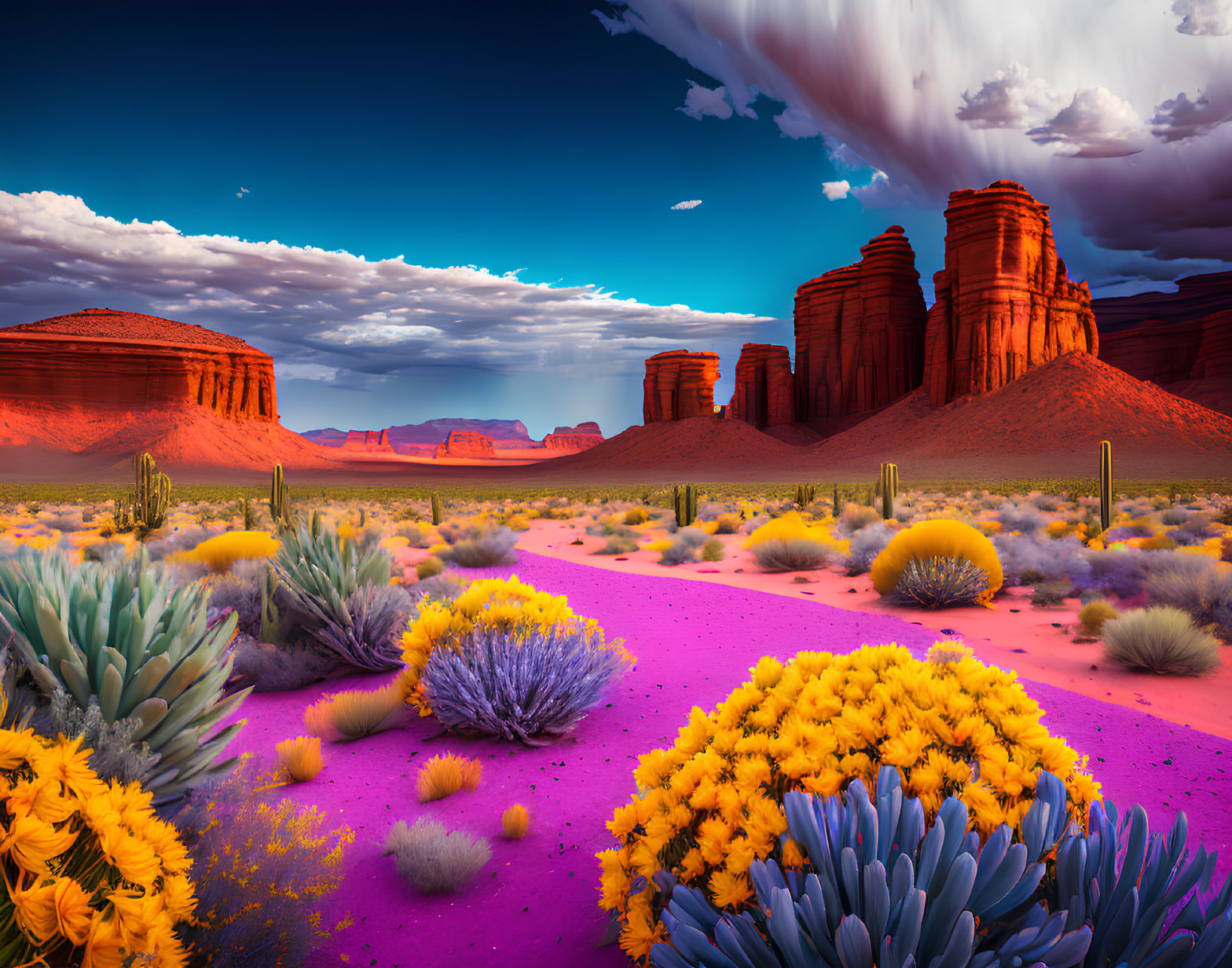 Colorful Flora and Red Sandstone Cliffs in Vibrant Desert Scene