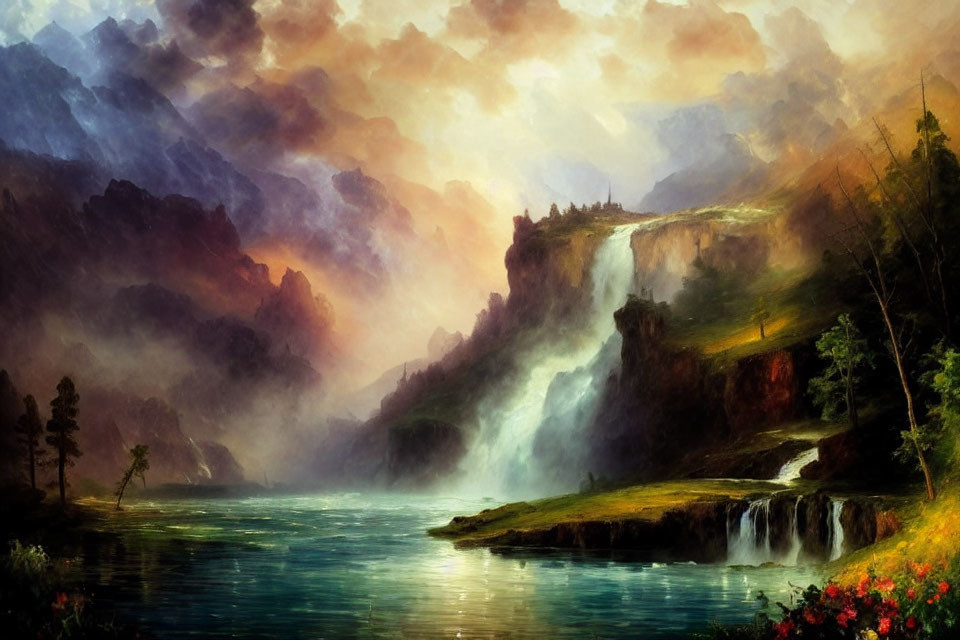 Tranquil lake with waterfalls, mountains, greenery, and colorful sky