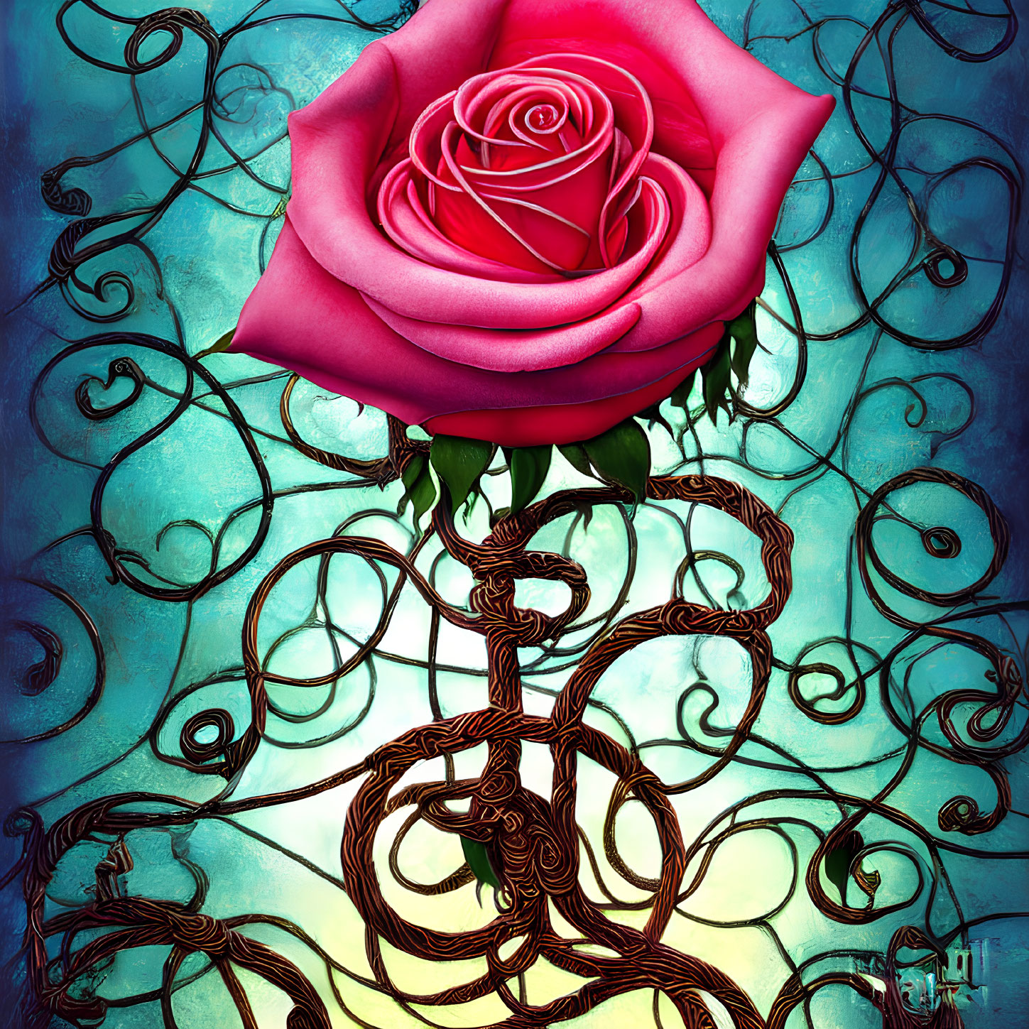 Vibrant pink rose with twisted stem on teal background