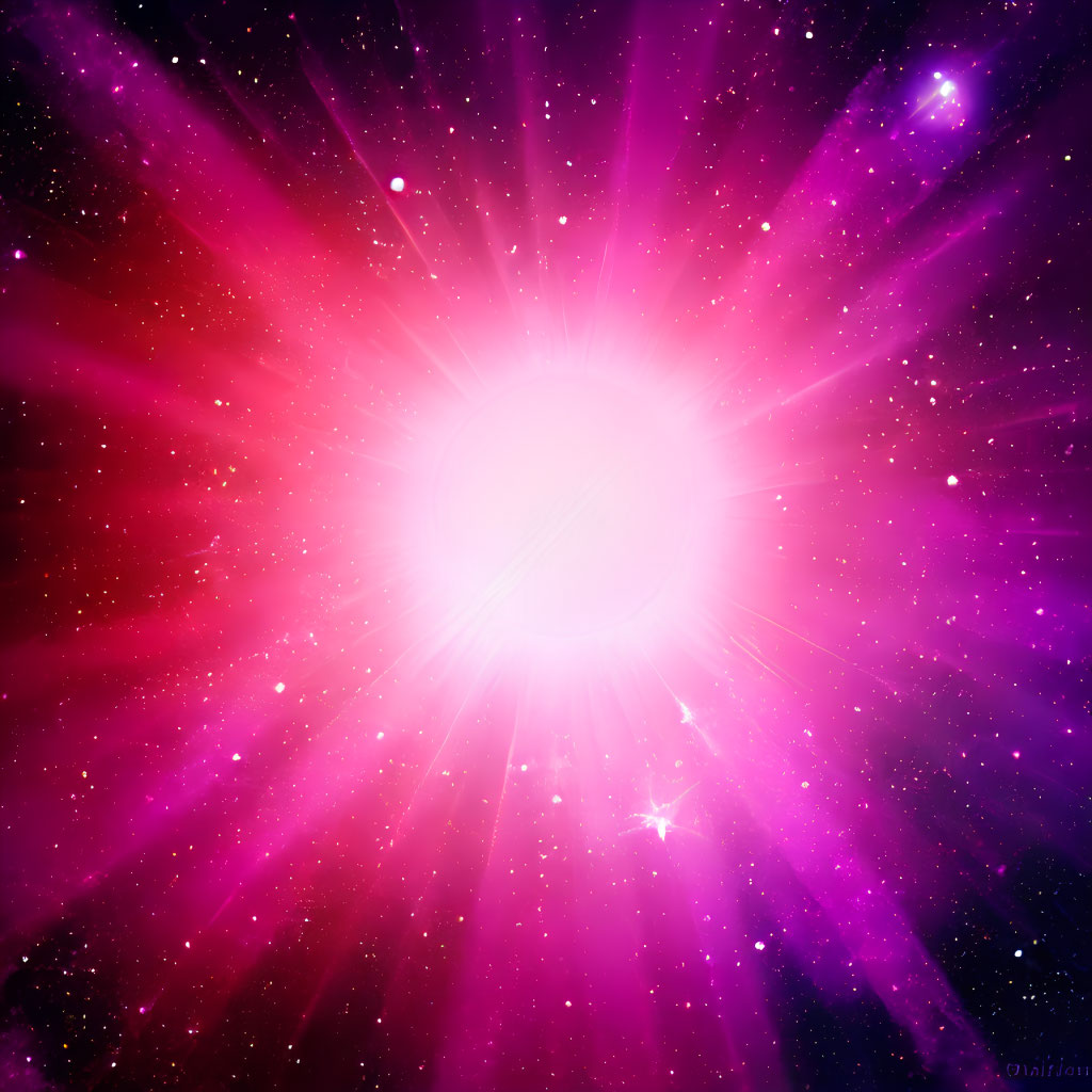 Vibrant cosmic object emitting pink and purple hues in star-filled galaxy