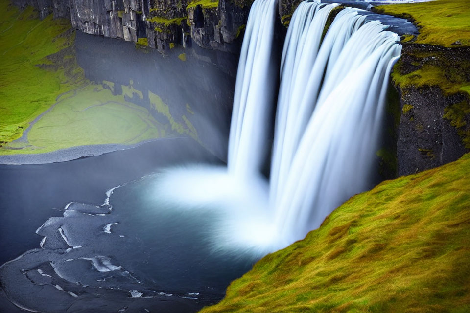 Majestic waterfall cascading into serene river below