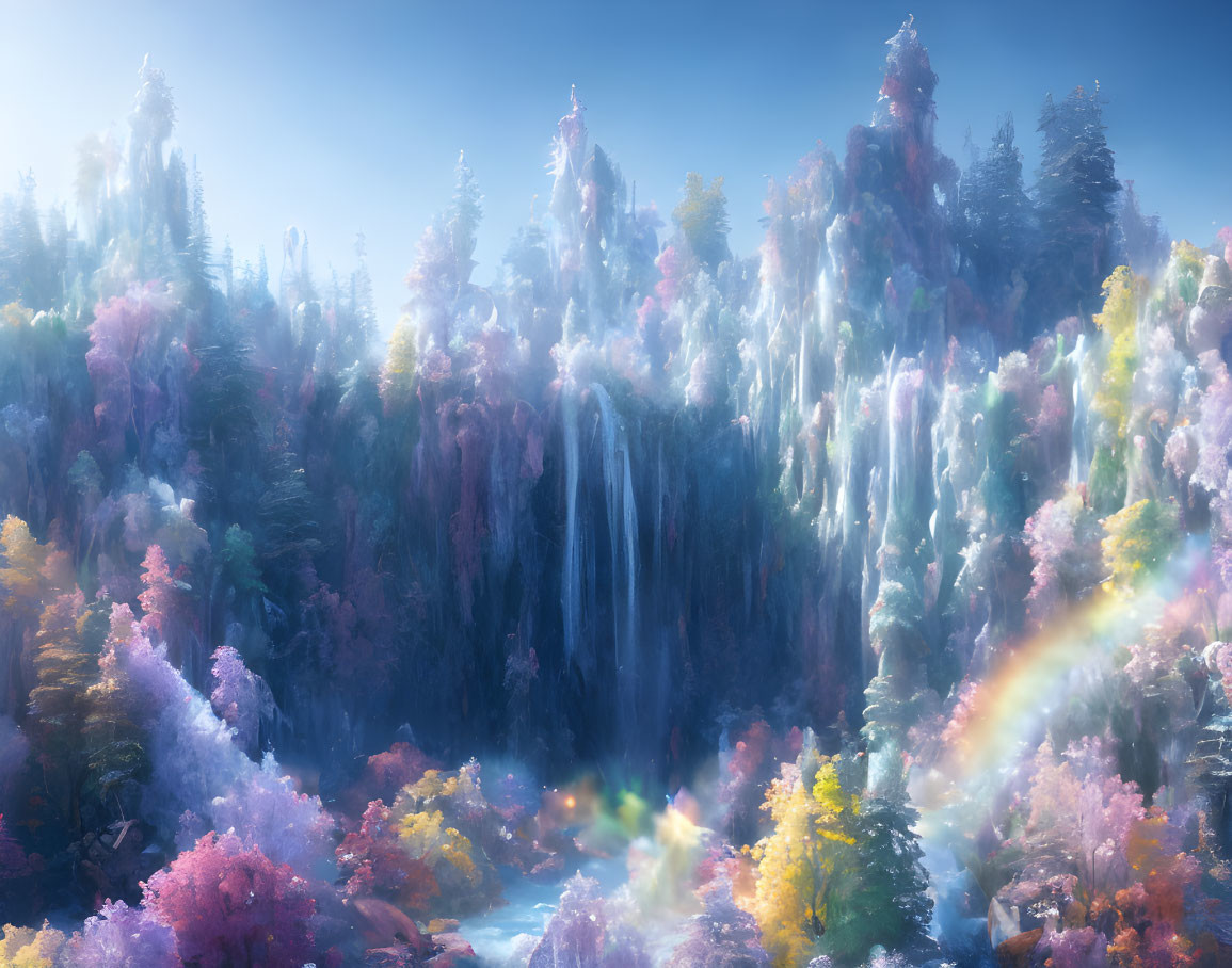 Vibrant forest with cascading waterfall and rainbow light rays