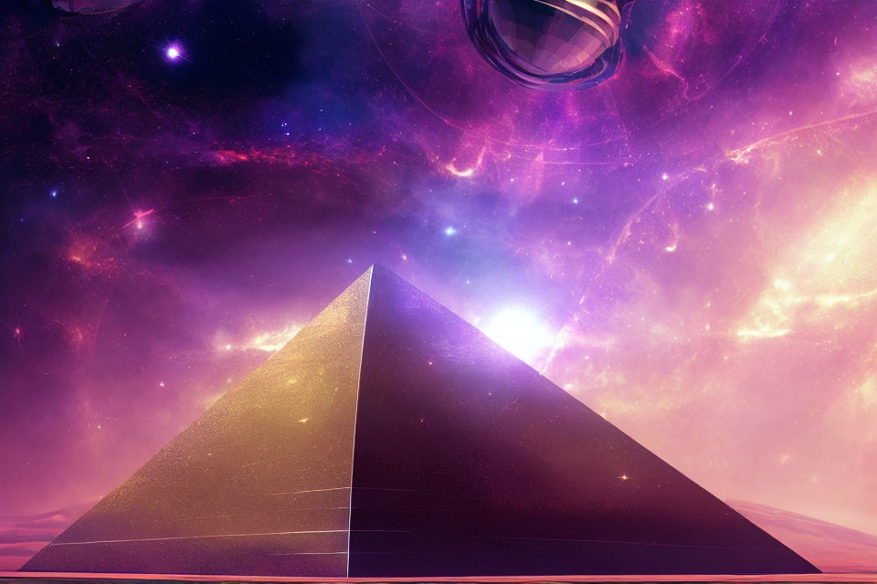 Surreal cosmic pyramid under vibrant purple sky