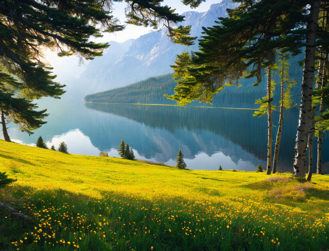 Scenic mountain lake with lush surroundings