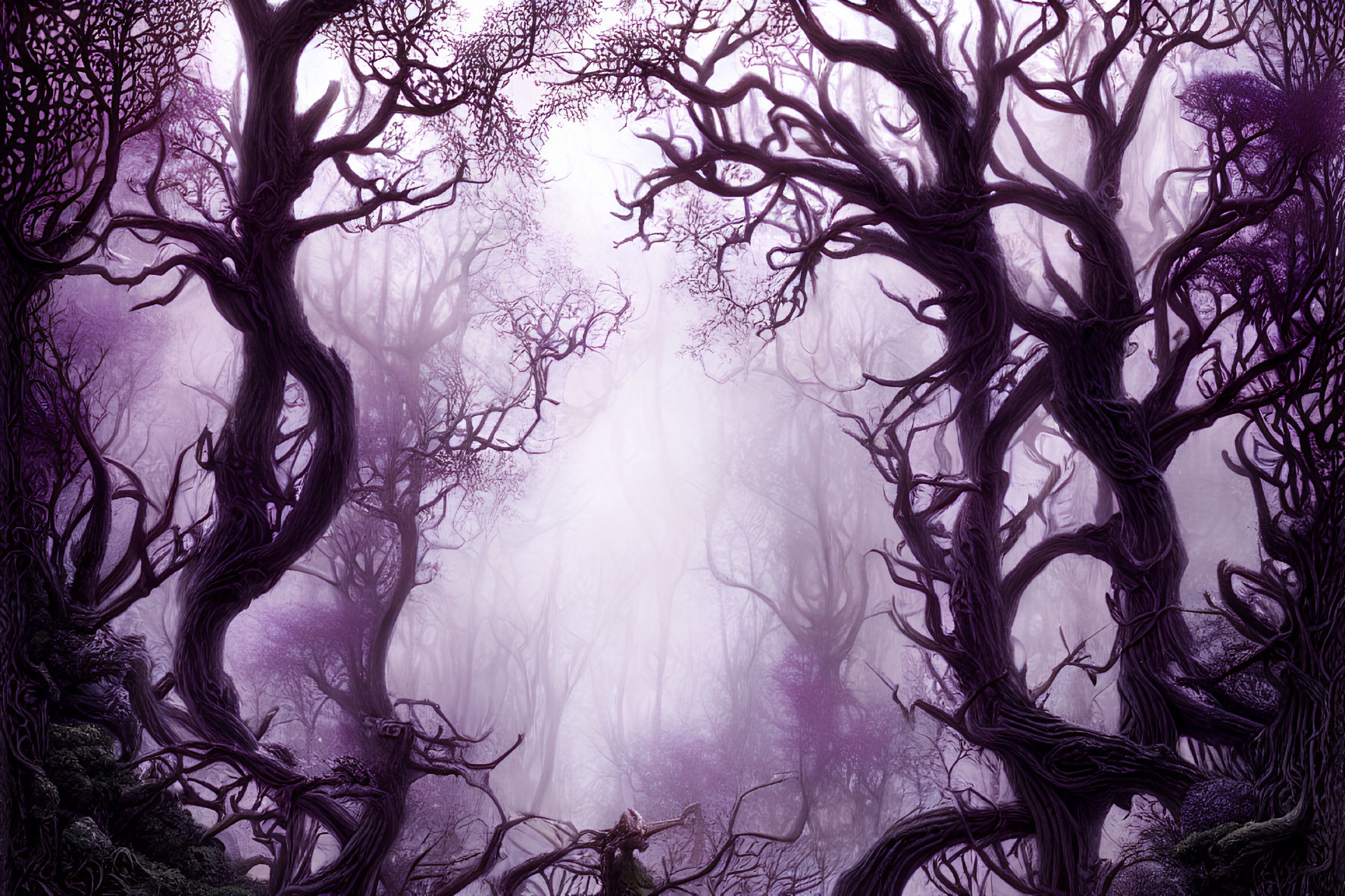 Enchanting purple forest with dense fog and twisted trees