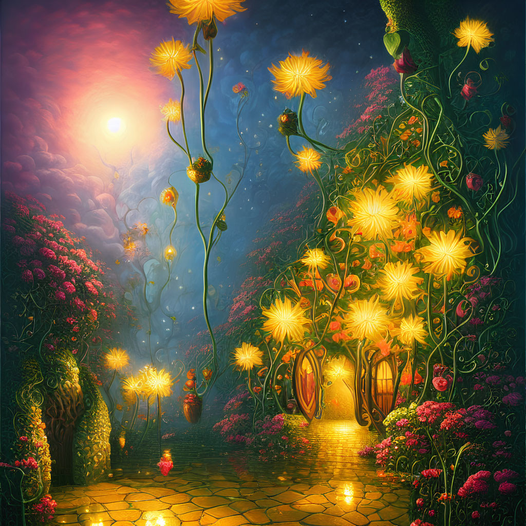 Glowing flowers in fantastical garden with cobblestone path