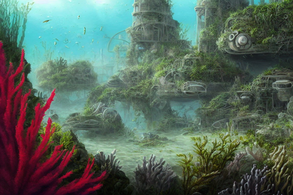 Vibrant coral and fish in underwater ruins scene