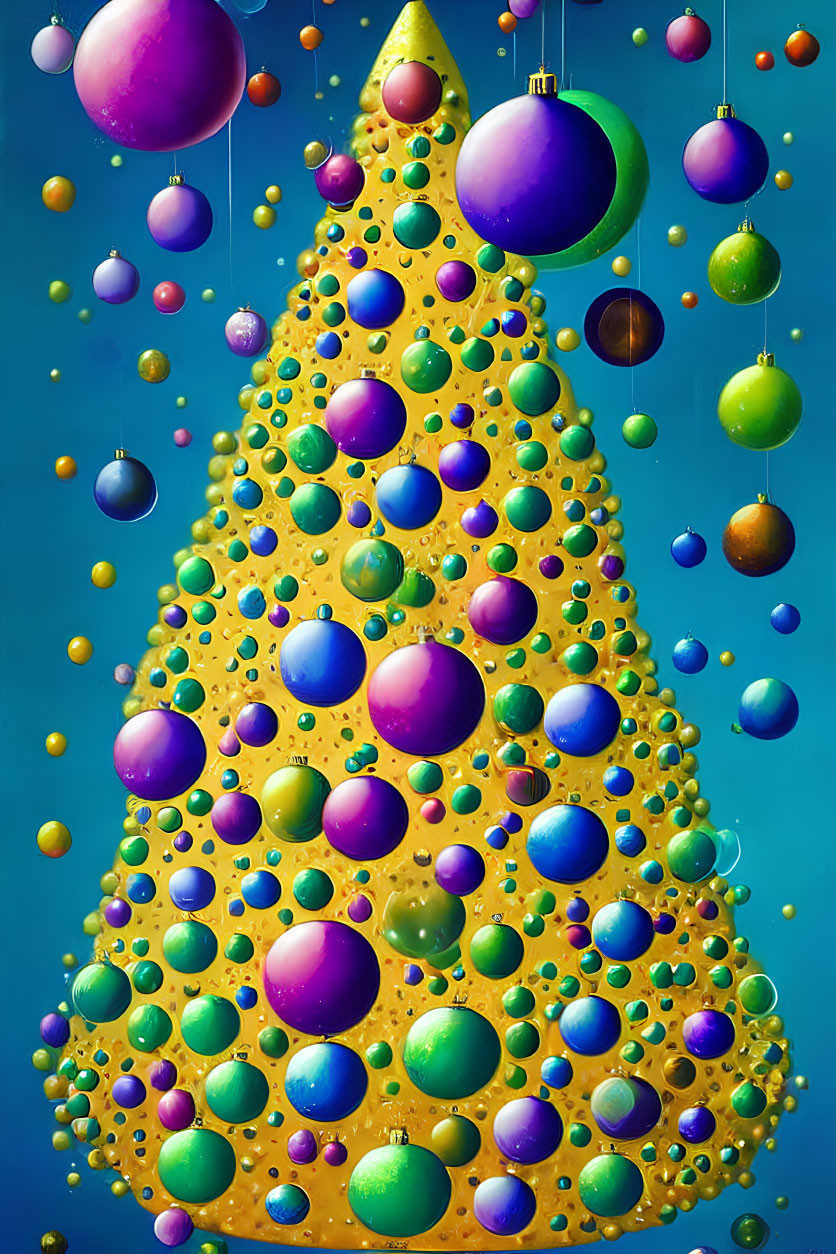 Colorful Abstract Christmas Tree with Ornaments on Blue Background