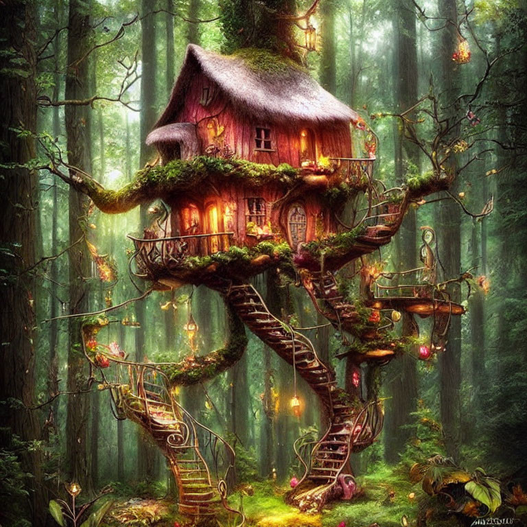 Whimsical treehouse with thatched roof in dense forest - warm lights, spiral staircase
