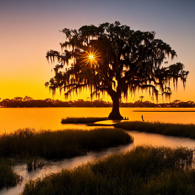 Majestic oak tree with Spanish moss at sunset by serene water body