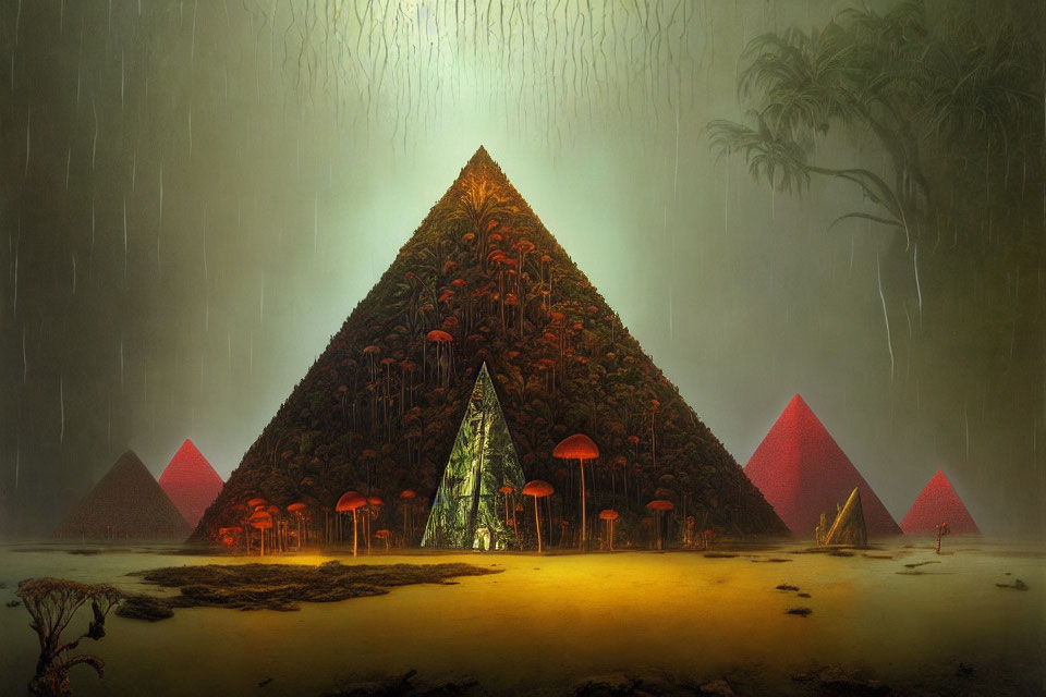 Gigantic pyramid surrounded by mushrooms and foliage in mystical scene