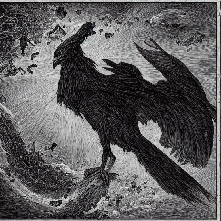 Detailed etched illustration of a black bird on rock with splashing water