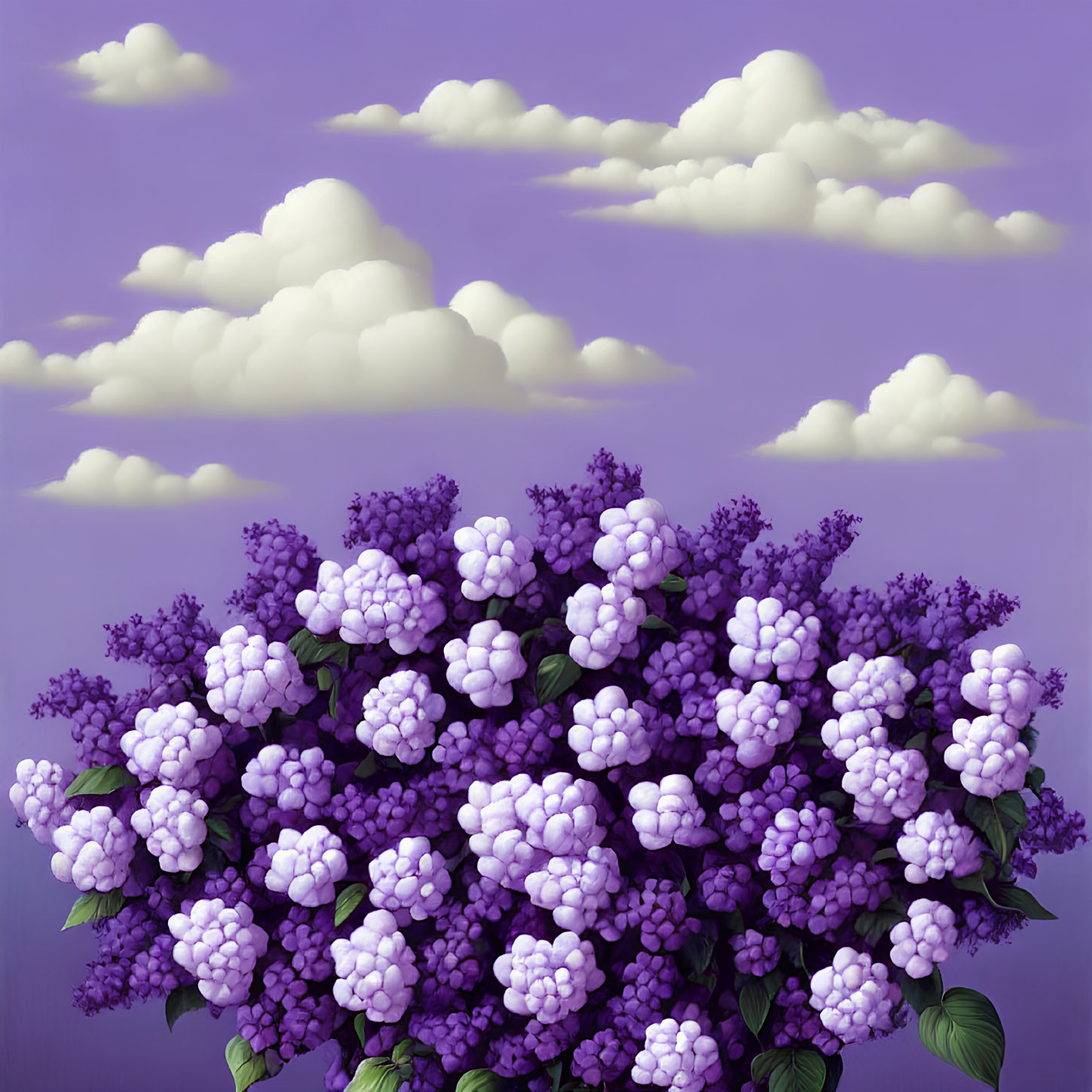 Purple Hydrangeas Bouquet on Purple Sky with White Clouds
