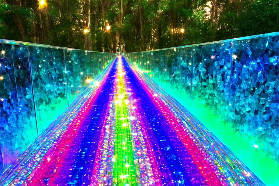 Colorful Lighted Path with Reflective Surfaces and Twinkling Lights in Forest
