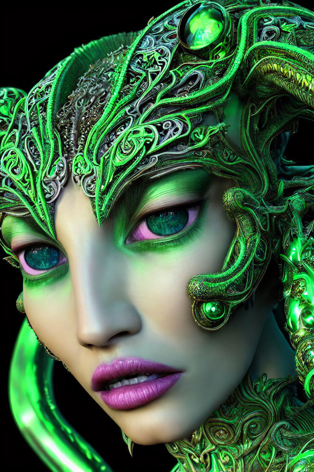 Close-up portrait of person with ornate green and gold headgear, green eyes, and purple lips